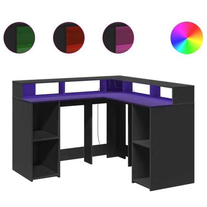VidaXL Bureau avec lumières LED noir 130x130x91 cm bois d'ingénierie, bureau d'ordinateur, bureau d'écriture, meuble de 3309448