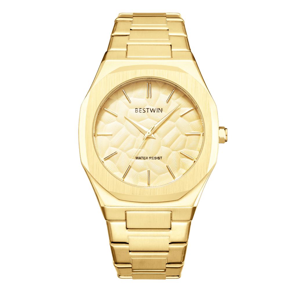 Men's Quartz Watch Embossed Leaf Dial Steel Band Waterproof Fashion Male Wristwatch Premium Quality Steel Strap Business Watches