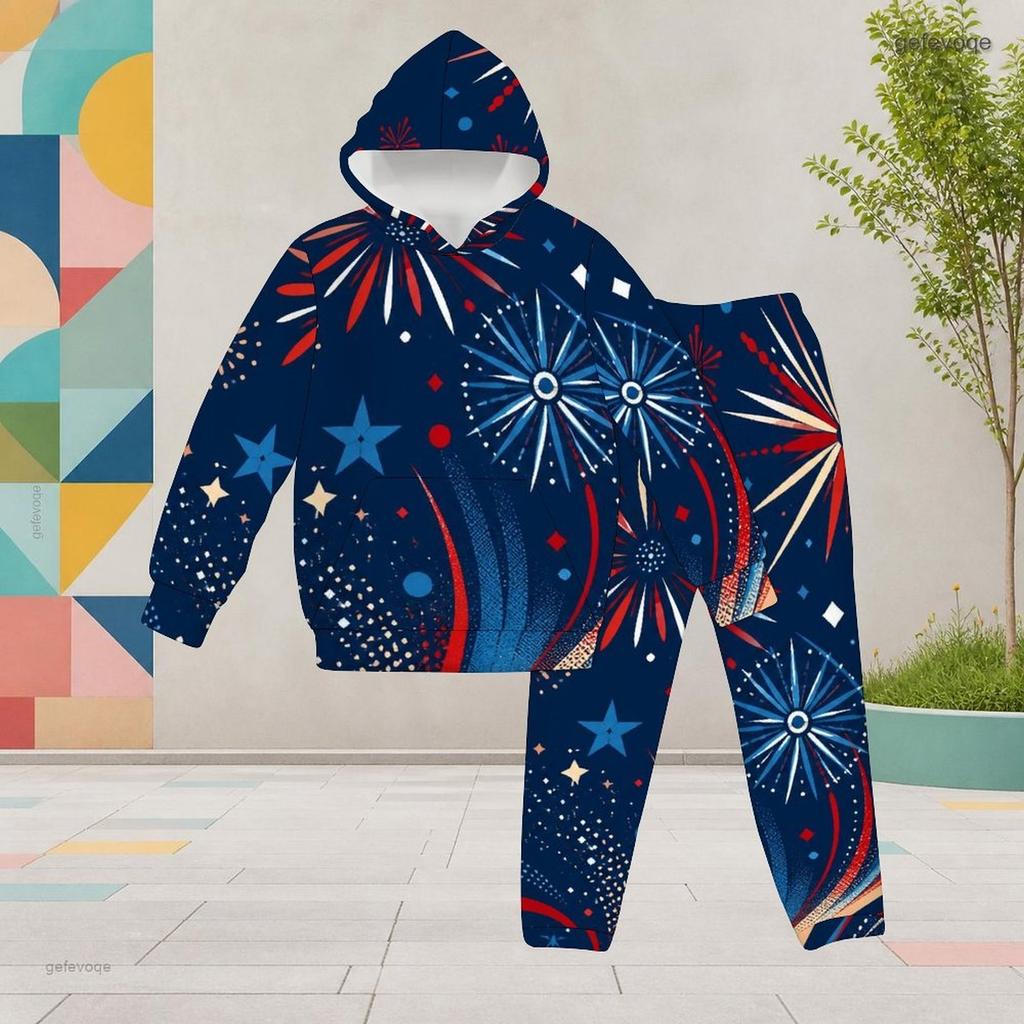 Girls Printed Hooded Long Sleeve Two Piece Pants Set Kangaroo Pocket Cuffed Sweatpants