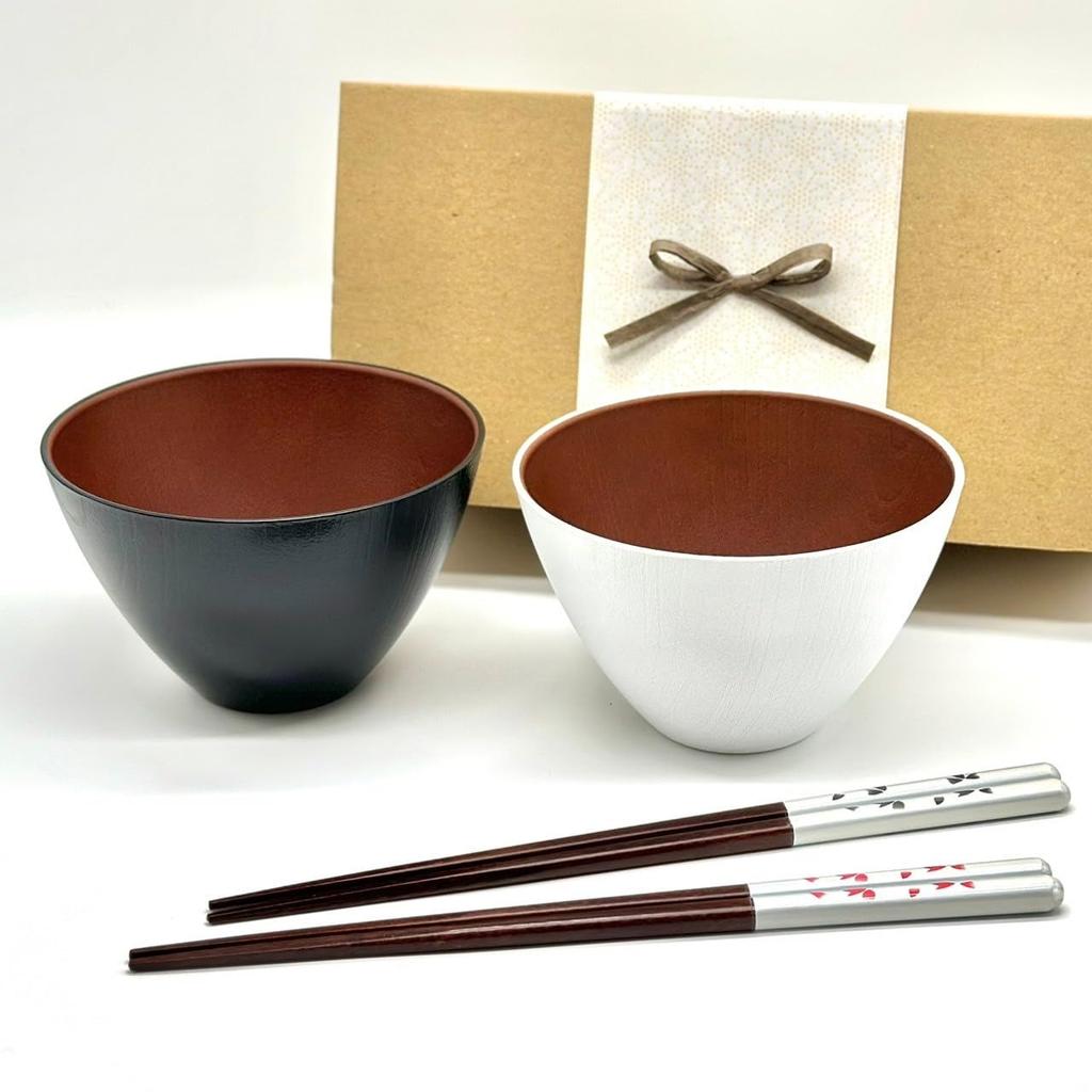 Yamaga Lacquerware Shop Bowl and Chopsticks Set with Gift Box - Gift Set, Present, Gift (Multi-bowl, White & Black)