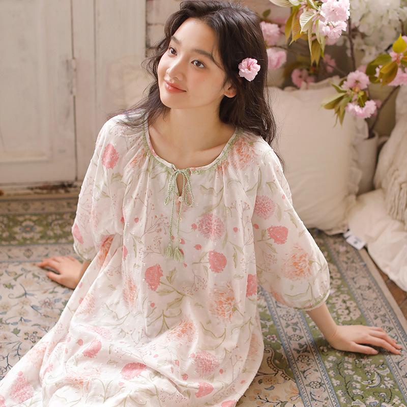 Summer sweet Japanese nightdress women's cotton gauze vitality girl skirt seven-quarter sleeve round neck lazy loungewear nightdress