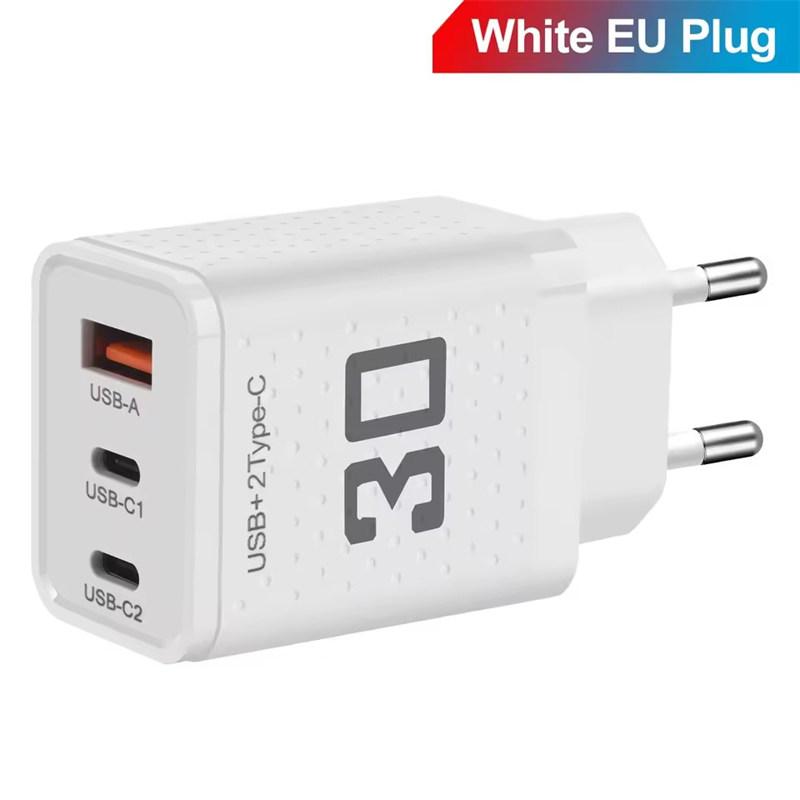 USB Type C Charger 30W 3 Port Fast Charging Phone Charger Adapter For iPhone Samsung Xiaomi Huawei QC3.0 EU/US Plug Wall Charger