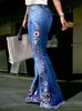 Retro Dark Blue Embroidered Flared Jeans for Women - Mid-High Waist Bell Bottoms for All Seasons