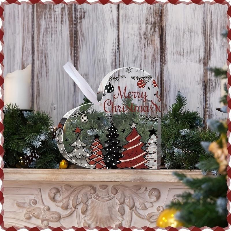 2D Flat, "Merry Christmas" Heart-Shaped Acrylic Christmas Desktop Decoration, Festive Trees and Snowflakes, Suitable for wall decoration, porch, room,