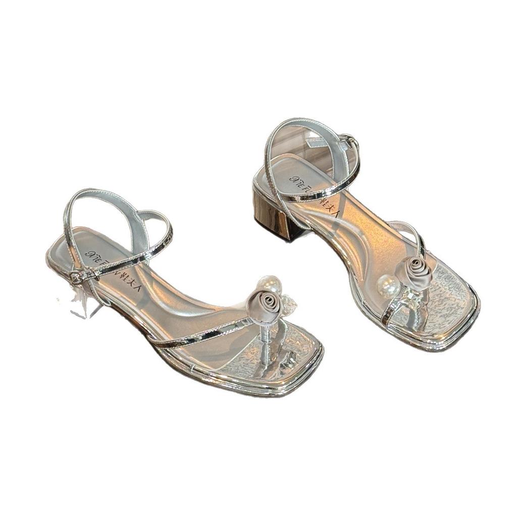 Set of toe high-heeled sandals for women's 2025 summer new French black flower with skirt thick heel leaking toe fashion sandals