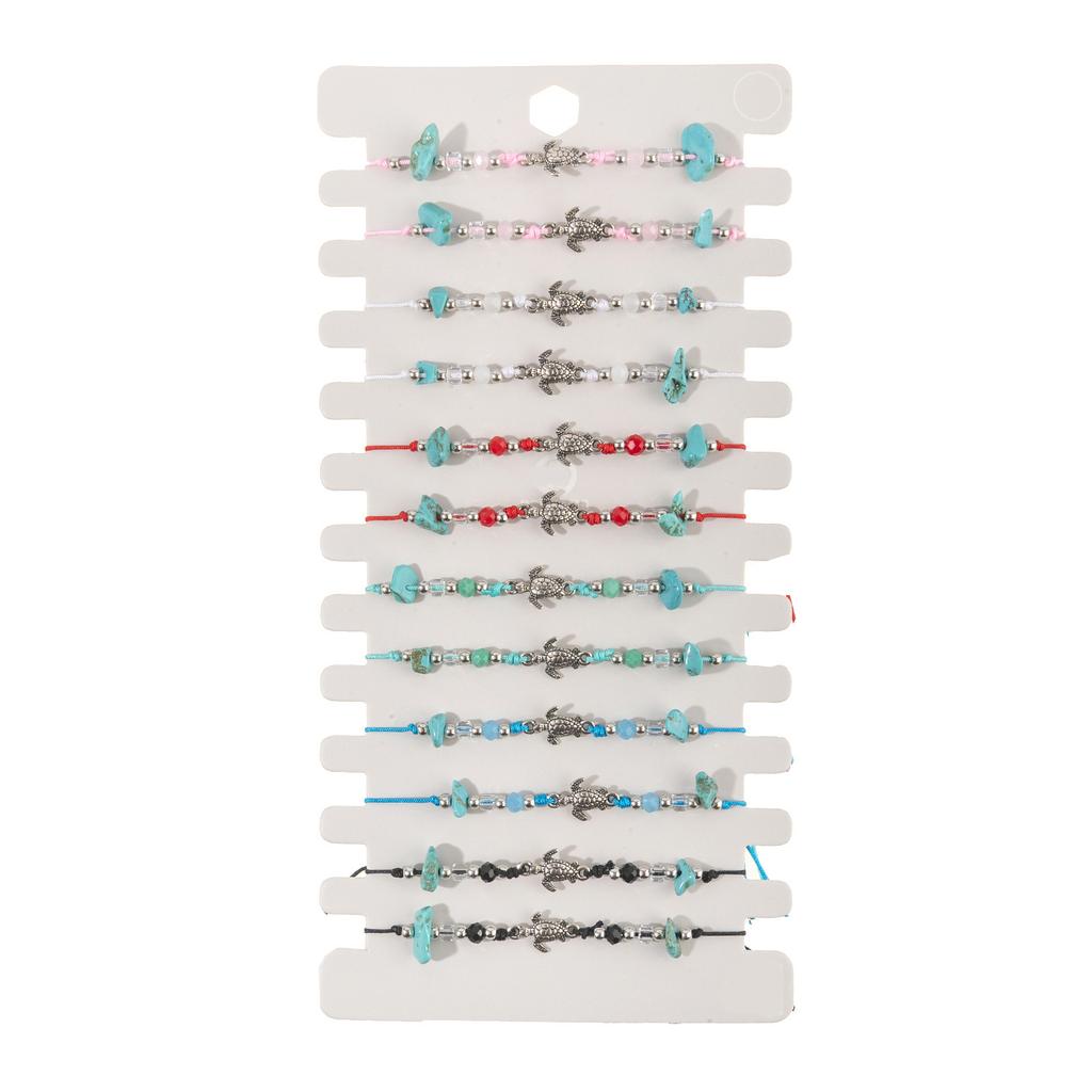 Pack of 12 Handmade Turtle Theme Adjustable Braided Bracelets with Alloy Turquoise Crystal Wood Beads for Women and Men