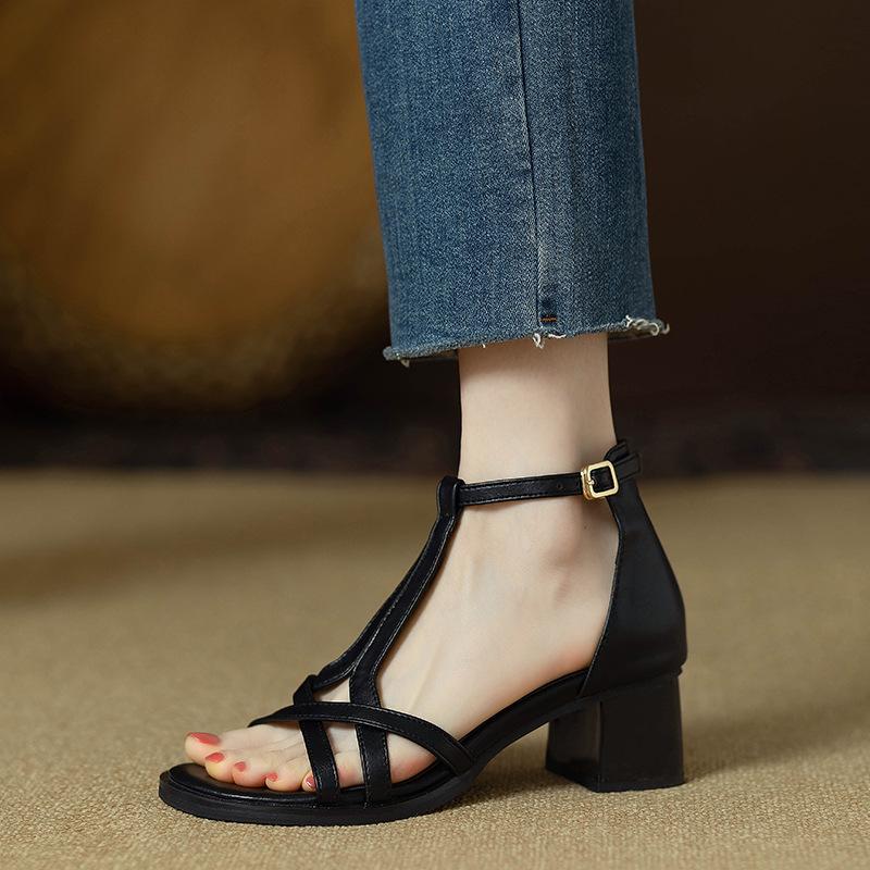 Fashion New Summer 2025 Genuine Soft Leather Thick-heeled T-belt Roman Women's Shoe for Mid-heel Cross-toe Sandals
