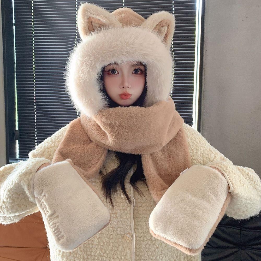 Plush Hat Scarf Gloves Set Thickened Ear Protection Cap New Women Beanies Cap Cycling