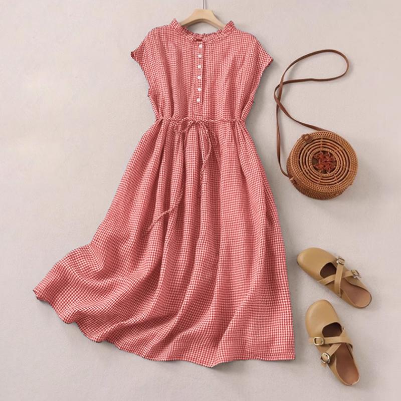 ZANZEA Women Casual Round Neck Summer Sleeveless Plaid Print Dress