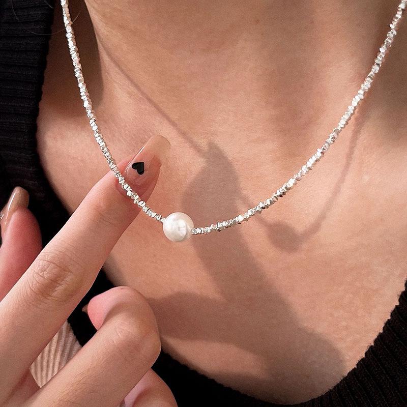 Xiaohongshu S925 Sterling Silver Korean Japanese Style Crushed Silver Freshwater Pearl Necklace & Bracelet Set