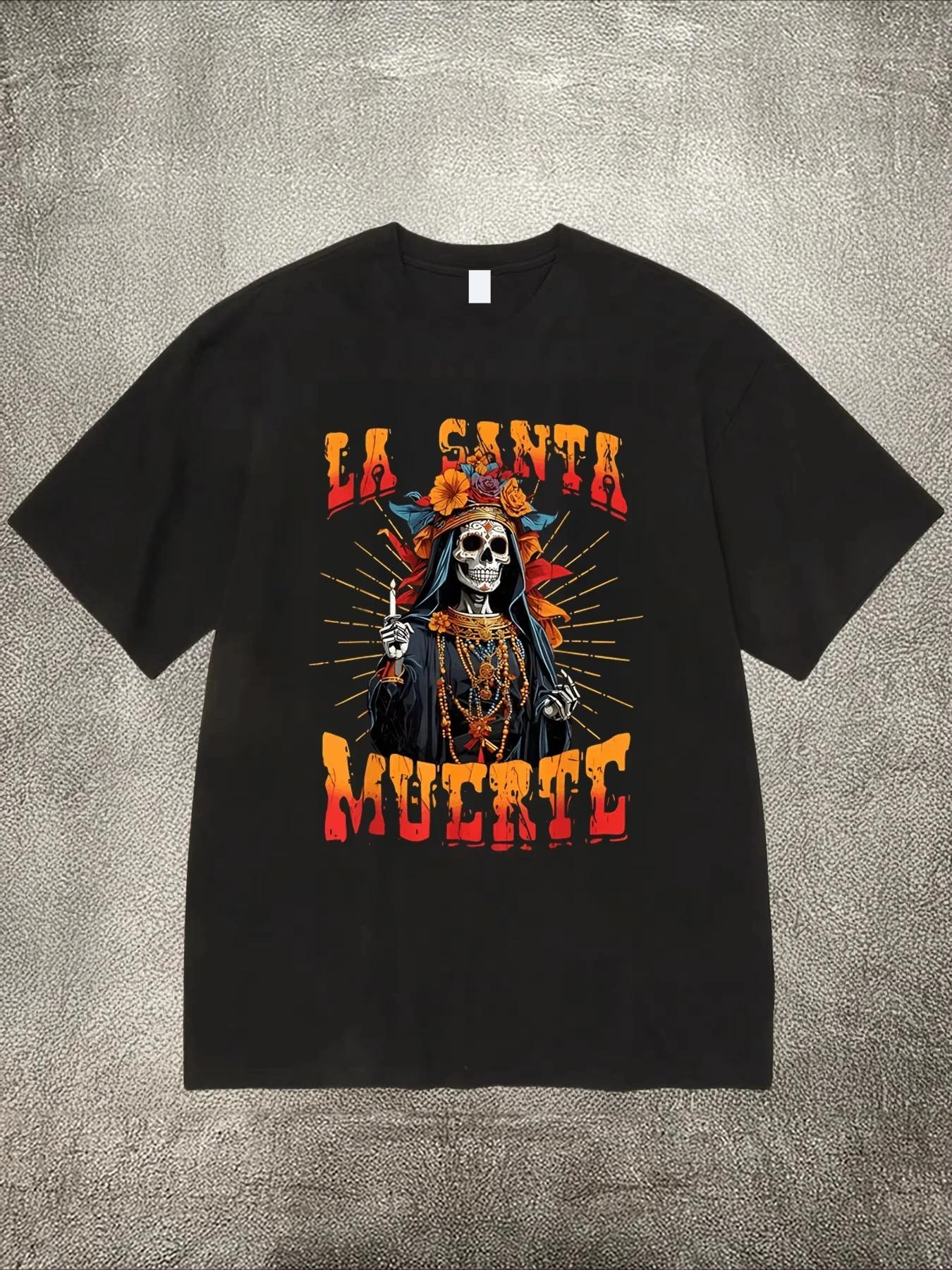 

La Santa Muerte T-shirt Men s Summer Casual Versatile Comfortable Loose Short Sleeve Cotton Crew Neck Top Men s S