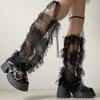 Women Lace Leg Warmers with Leg Loop Subculture Long Leg Socks Baggy Cuffs Ankle Heap Socks Mesh Flared Leg Sleeves