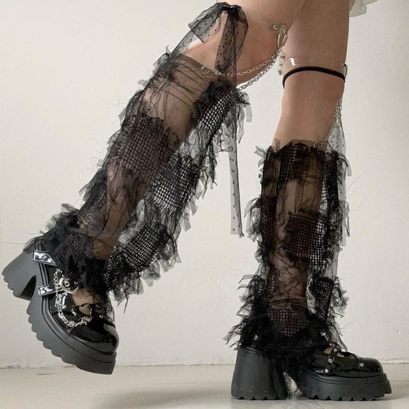 Women Lace Leg Warmers with Leg Loop Subculture Long Leg Socks Baggy Cuffs Ankle Heap Socks Mesh Flared Leg Sleeves