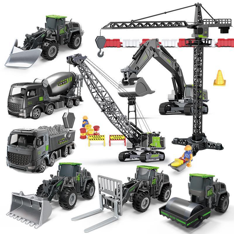 Alloy Construction Toy Set: Excavator, Mixer, Crane for Kids 0-6.