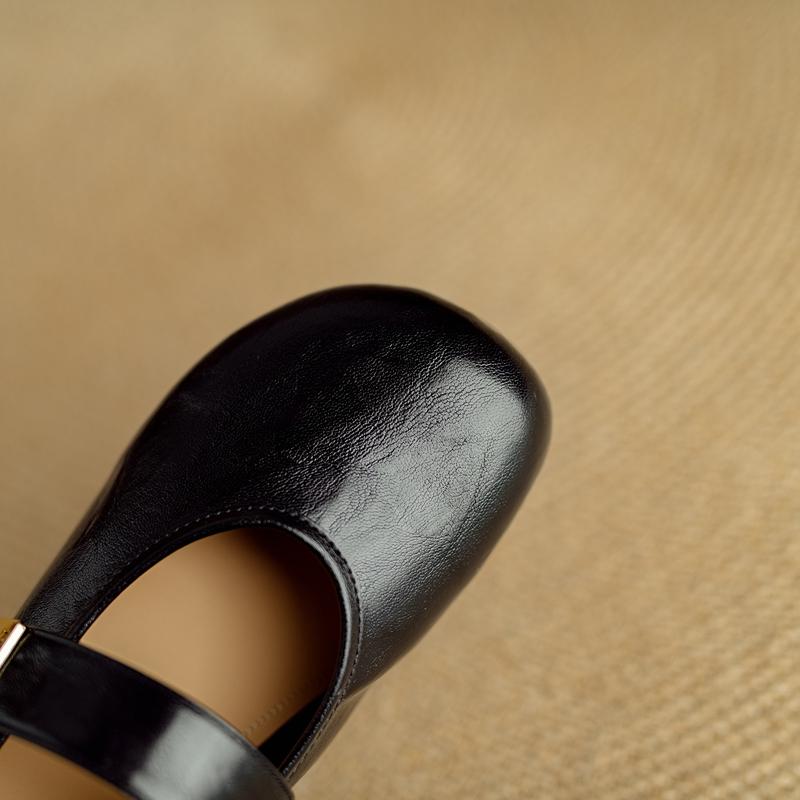 Fashion Women's New Leather Cowhide Round Head Metal Belt Buckle with Raised Center Heel Mary Jane Casual Single Shoe