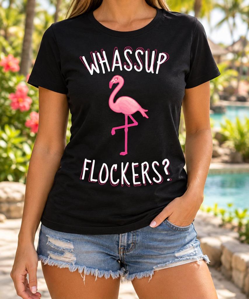 Whassup Flockers Shirt, Funny Pink Flamingo Tshirt, Tropical Vacation Outfit, Beach Trip Gift, Summer Pool Party Top, Bird Lover Cruise Wear