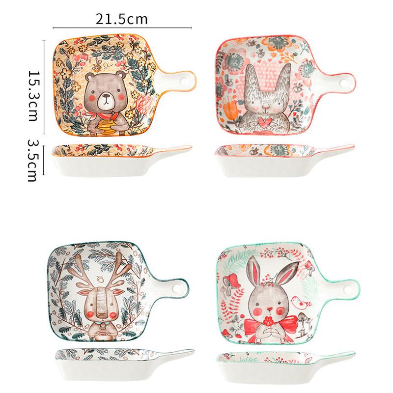 Ceramic Baking Tray with Handle Forest Animal Design Bowls Creative Restaurant Household Plate Kitchen Tableware Gift