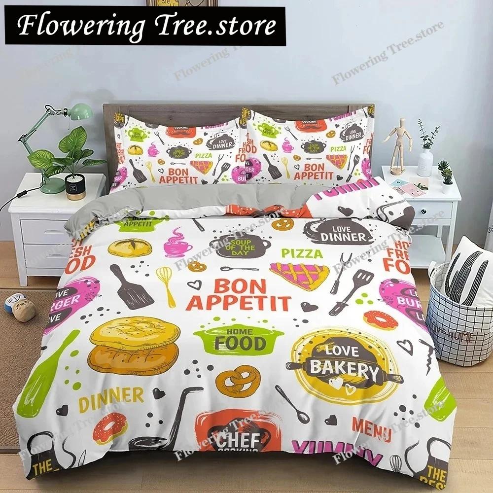 Snack Duvet Cover Set Coffee Bread Donut Pattern Pink Polyester Comforter Cover For Kids Adult Teen Bedding Set Queen King Size