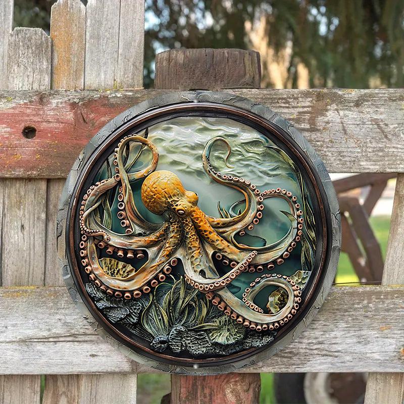 Round wooden Mark Colored Plastic Window Hanging, Embossed, Octopus Pattern for Home, Office, Wall Decoration Art