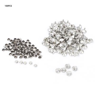 100 adet 10mm Metal Yapay Elmas Perçin Zımba Çivi Sivri Uç Dekorasyon(Gümüş kenarlı beyaz Kristal)
