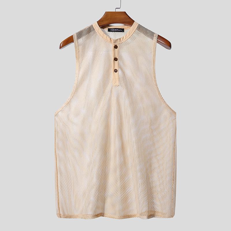 INCERUN Men Sleeveless See Through Hollow Out Loose Tank Tops