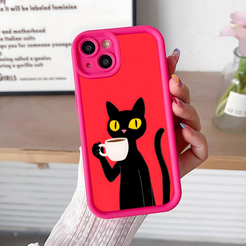 Cute Coffee Cat Thicken TPU Mobile Phone Case for iPhone 17 16 15 14 13 12 11 Air Pro Max Plus Colorful Cover