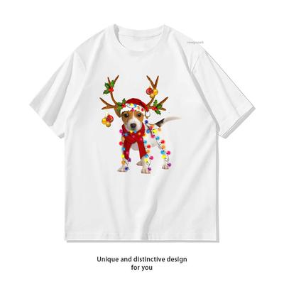 Jack Russell Dog Reindeer Christmas Lights Tree Xmas Santa TShirt Woman Man Cotton Graphic T Shirts Streetwear Oneck Shirt