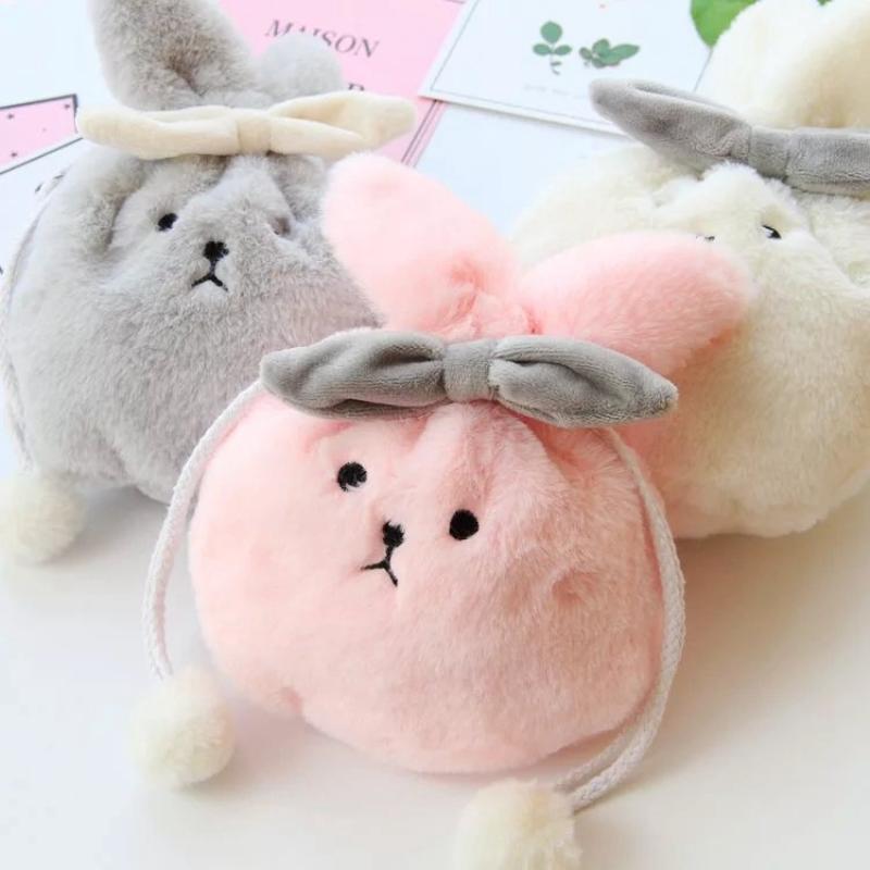 1pcs Cute Cartoon Shape Coin  Bag Women Girl Plush Rabbit Ear Mini Storage Bag Drawstring Pouch