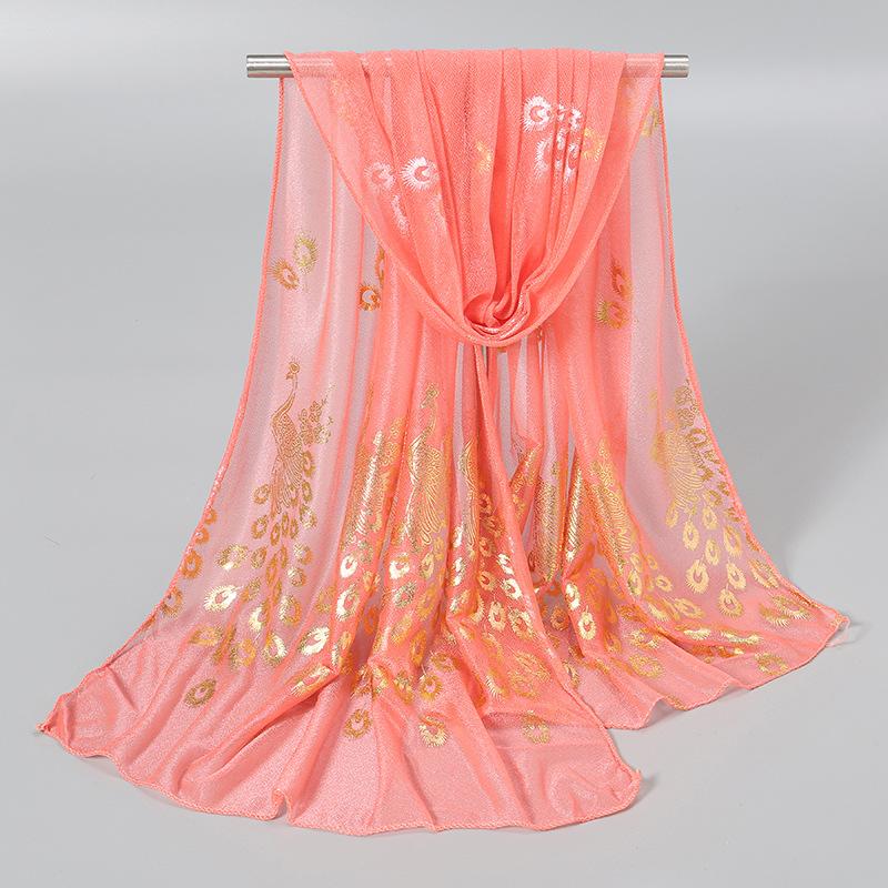 Summer Chiffon Long Scarf Georgette Neck Scarves Fashion Solid Hijab Scarf Glitter Thin Muffler Gold Peacock Print Wrap Shawl