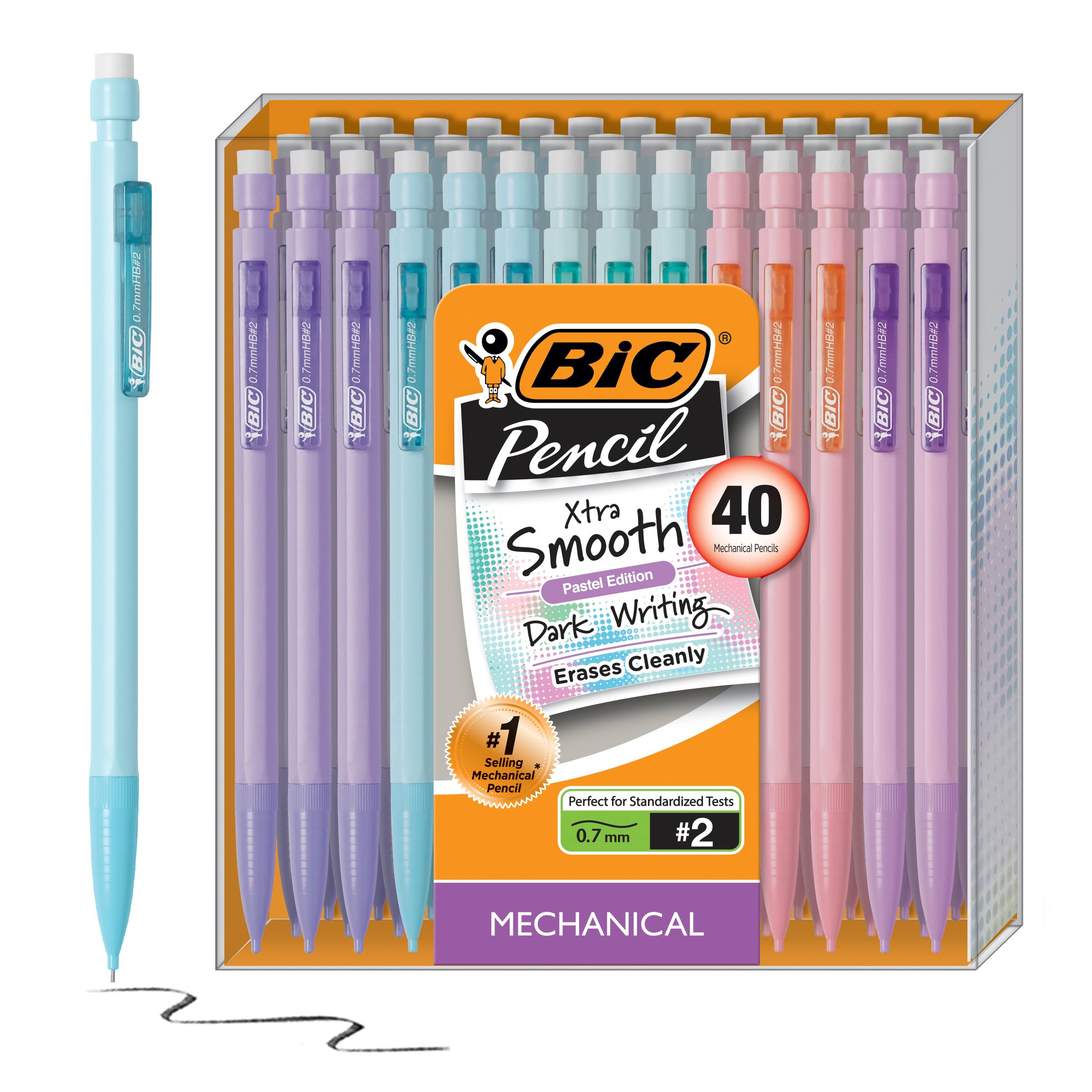 

Механические карандаши BIC Extra Smooth Pastel со средним стержнем, оптовая упаковка, механические карандаши для школьных и офисных принадлежностей, ластики, (0.7mm), Упаковка 40 штук,