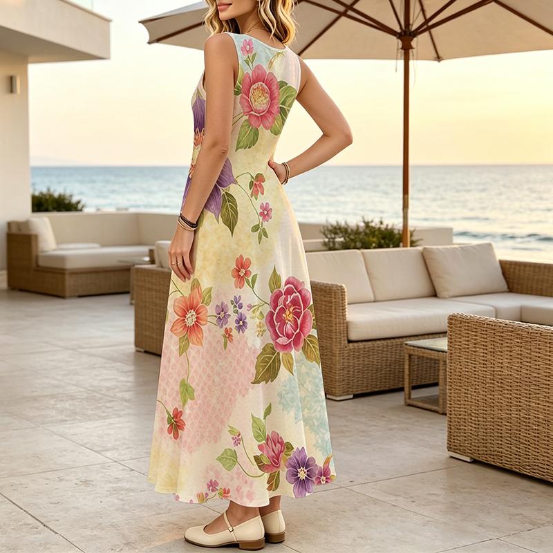 Women’s Versatile Floral Sleeveless Dress Spring & Summer Maxi,Lightweight Flowy,Elegant,Ideal for Daily,Outdoor,Vacation