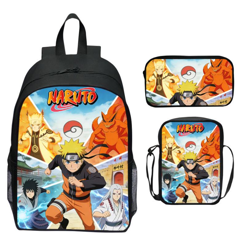 Set Zaino Anime Naruto 3 Pezzi Zaino Scuola Elementare Cartone Animato Stampato Leggero Multitasche