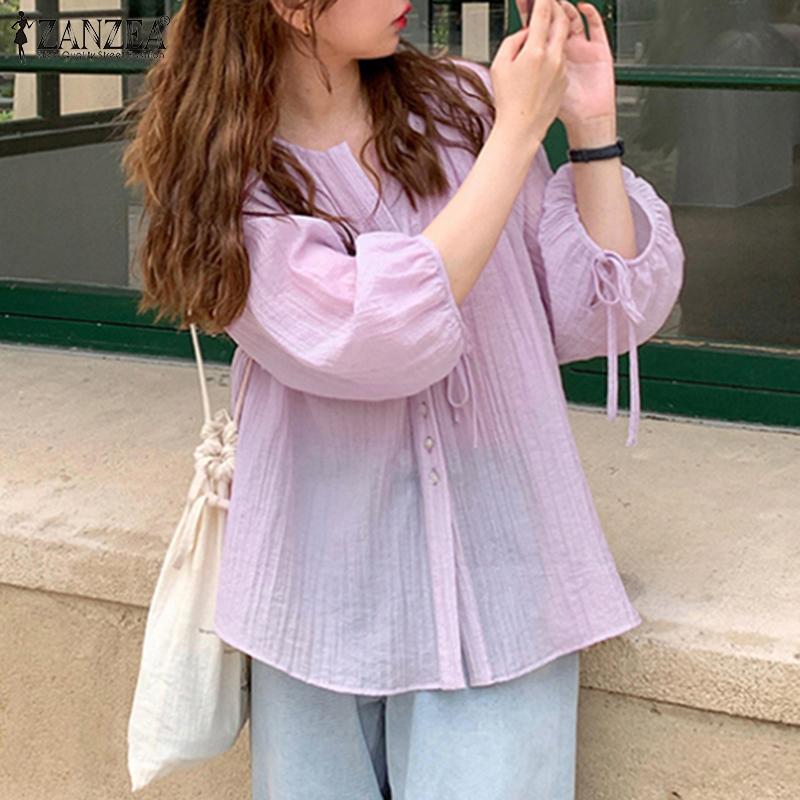 

ZANZEA женская плиссированная блузка на пуговицах с круглым вырезом и длинными рукавами, однотонная свободная блузка