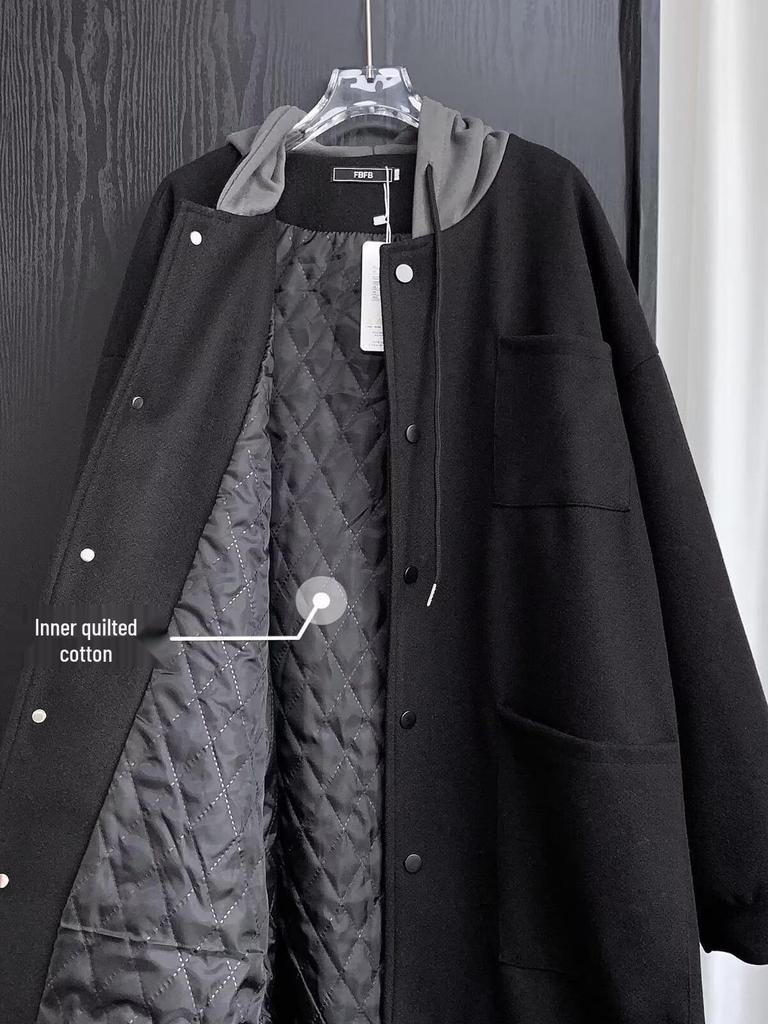 Men's British Style Hooded Wool Trench Coat, Mid-Length, Thick Cotton, Over-the-Knee Winter Jacket