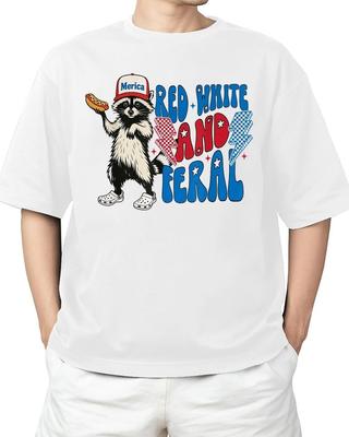 Funny Red White and Feral Raccoon Funny USA 4th of July Adult S-4XL Unisex T-Shirt