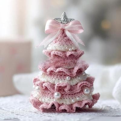 Handmade Crochet Christmas Tree Kit Festival with Bow Faux Pearl Christmas Party Crochet Tabletop Christmas Tree for Beginner