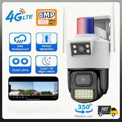 8MP 4K 4G SIM-Karte Dual-Objektiv Schutz Wasserdicht Sicherheit CCTV-Überwachung Blaulicht-Alarm IP-Kamera