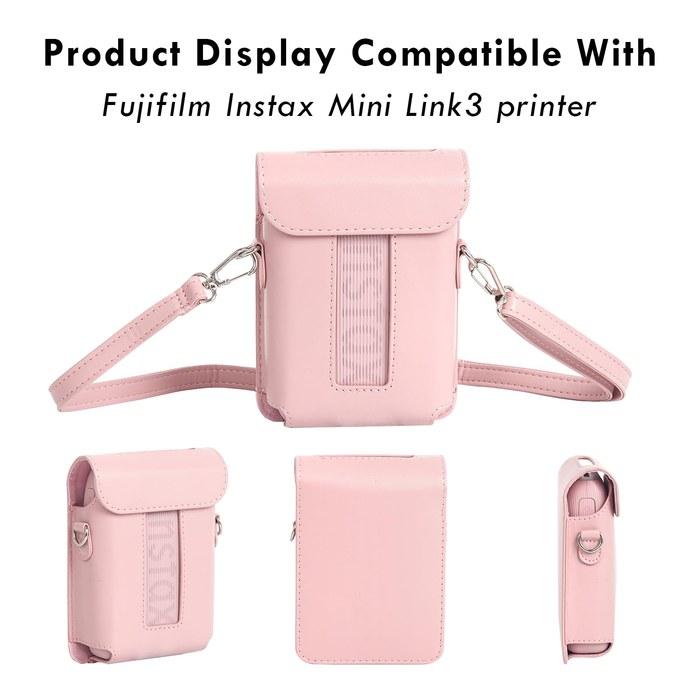 Rieibi mini Link3 Case, Compatible with FUJIFILM Instax Mini Link3, Shoulder Strap PU Leather Pink 13.5*9.7*4CM