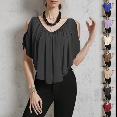 Women's Casual V-neck Off-shoulder Solid Color T-shirt