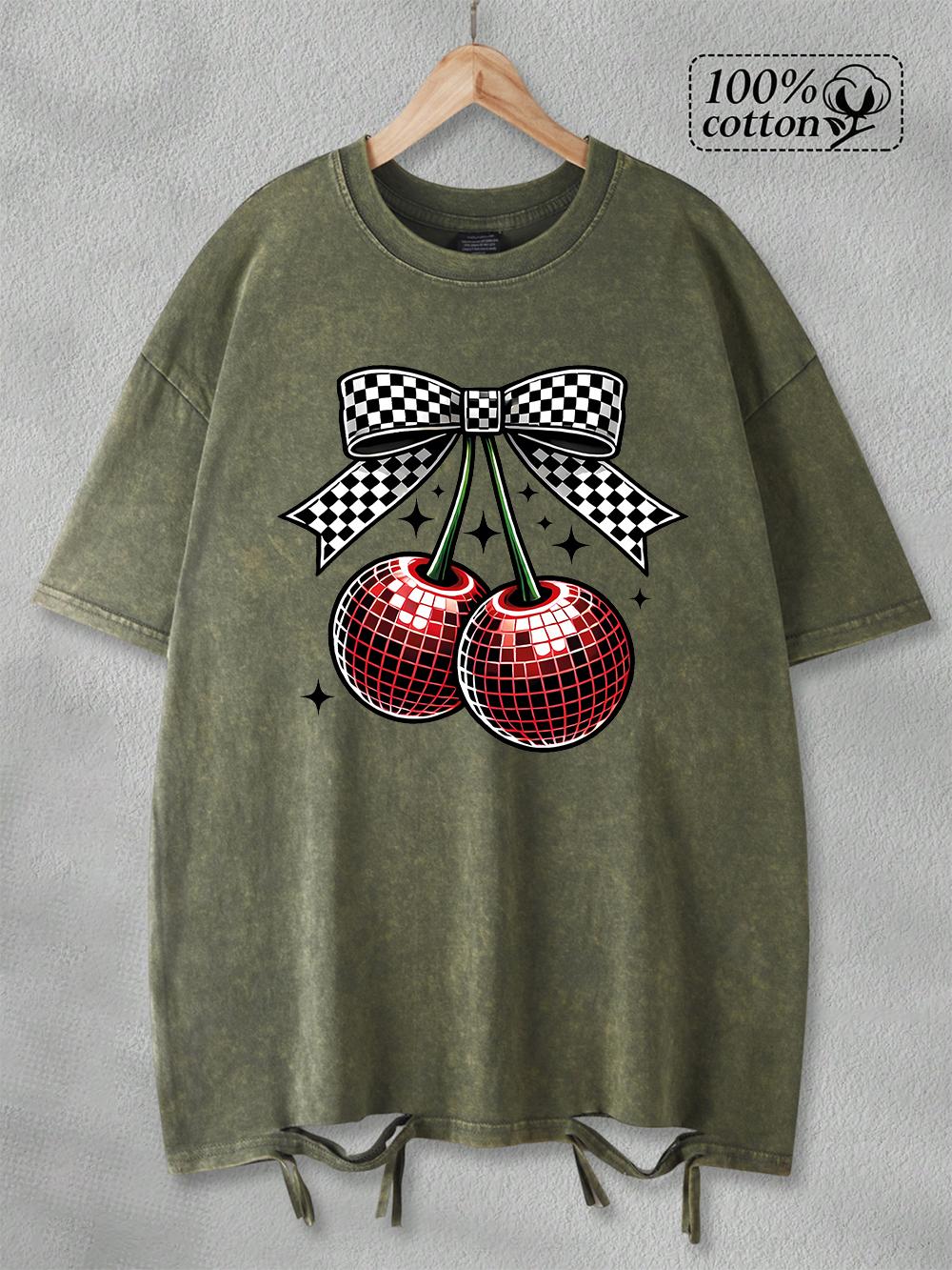 

Cotton Washed TShirt Women Oversized Bow Cherry Creative Print T Shirt ONeck Distressed Holes Tops Summer Woman Clothes S