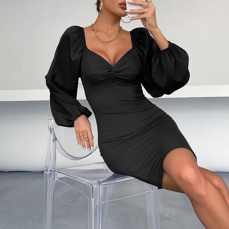 Amazon Cross-border New Product Pleated Corset Skirt Long Sleeve Bubble Sleeve Sexy Hip Wrap Dress