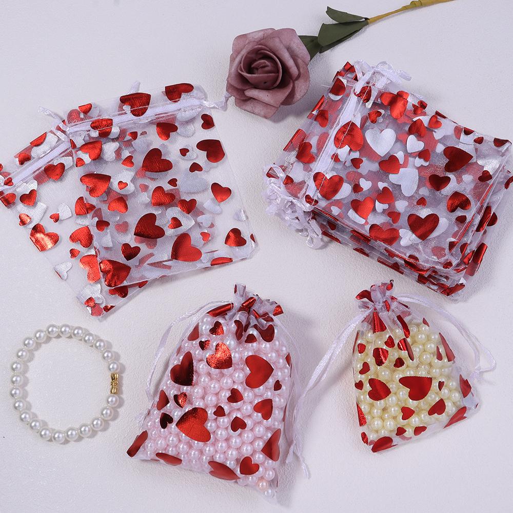 10 Stück/Los 9x12cm Rote Herz Organza Beutel Geschenk Schmuck Verpackung Aufbewahrungsbeutel Für Hochzeit Weihnachten Süßigkeiten Geschenk Kordelzug Beutel