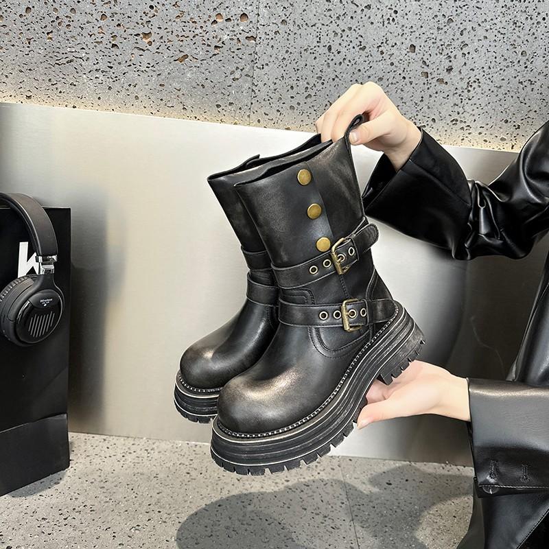 

Leather platform Maillard medium tube short boots women s 2025 new British style retro two-wear Martin boots 35