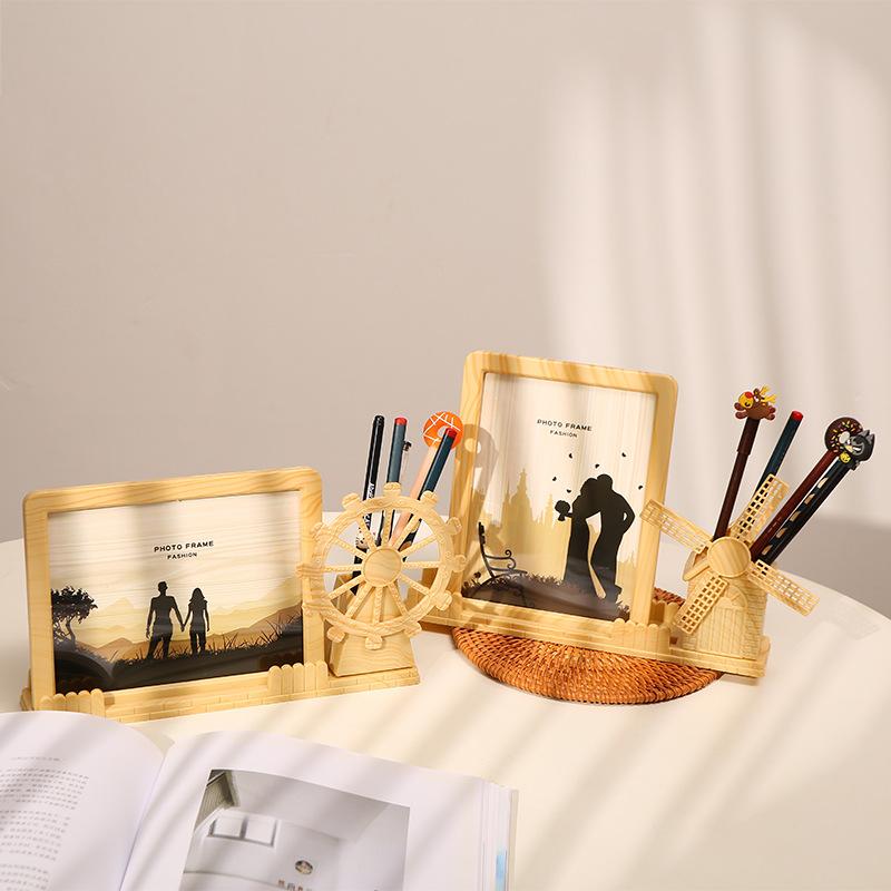 7-inch Windmill Ferris Wheel Photo Frame Desktop Pen Holder Imitation Wood Grain Home Decoration Desktop Ornaments Holiday Gifts