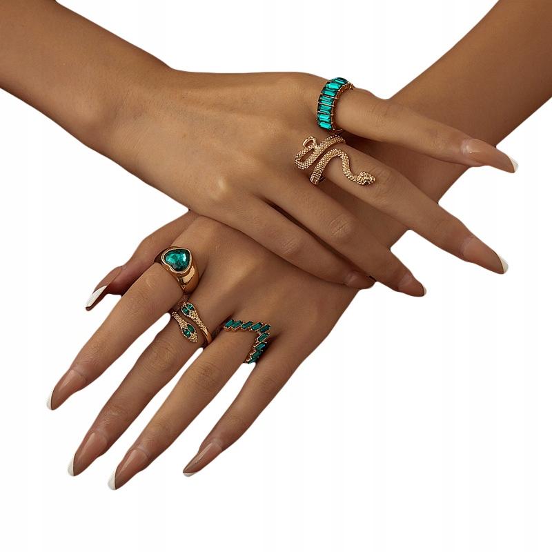 Set Of 5 Golden Rings Retro Punk Vintage Snake Heart Green