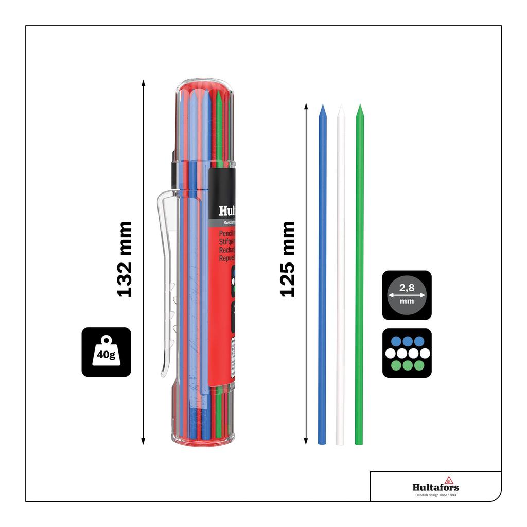 Hultafors Dry Marker Architectural Mechanical Pencil Round Core Refills, Refills, 2.8mm [HRD] (BGW (Blue/Green/White))