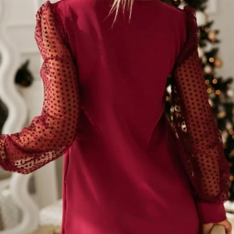Vestido Sexy Elegante de Largo Medio con Encaje Vintage y Manga Larga para Mujer Nuevo Vestido de Color Sólido con Manga de Malla y Cuello Redondo