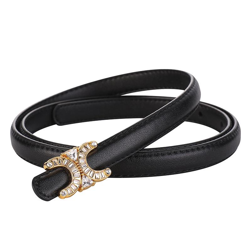Rhinestone-embellished women s genuine leather skinny belt - cowhide leather belt чёрный