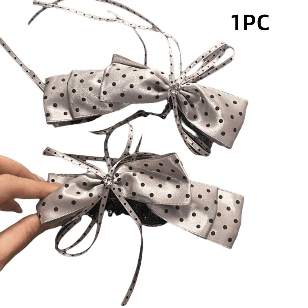 Satin Bow Hair Claw Rhinestone Polka Dot Headpiece Sweety PonyTail Claw Clip  Women/Girls