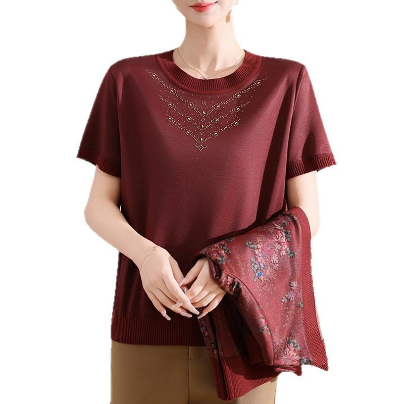 Mother's Ice Silk T-shirt & Jacket Set: Spring/Autumn Knit Two-Piece for Middle-aged & Elderly Women